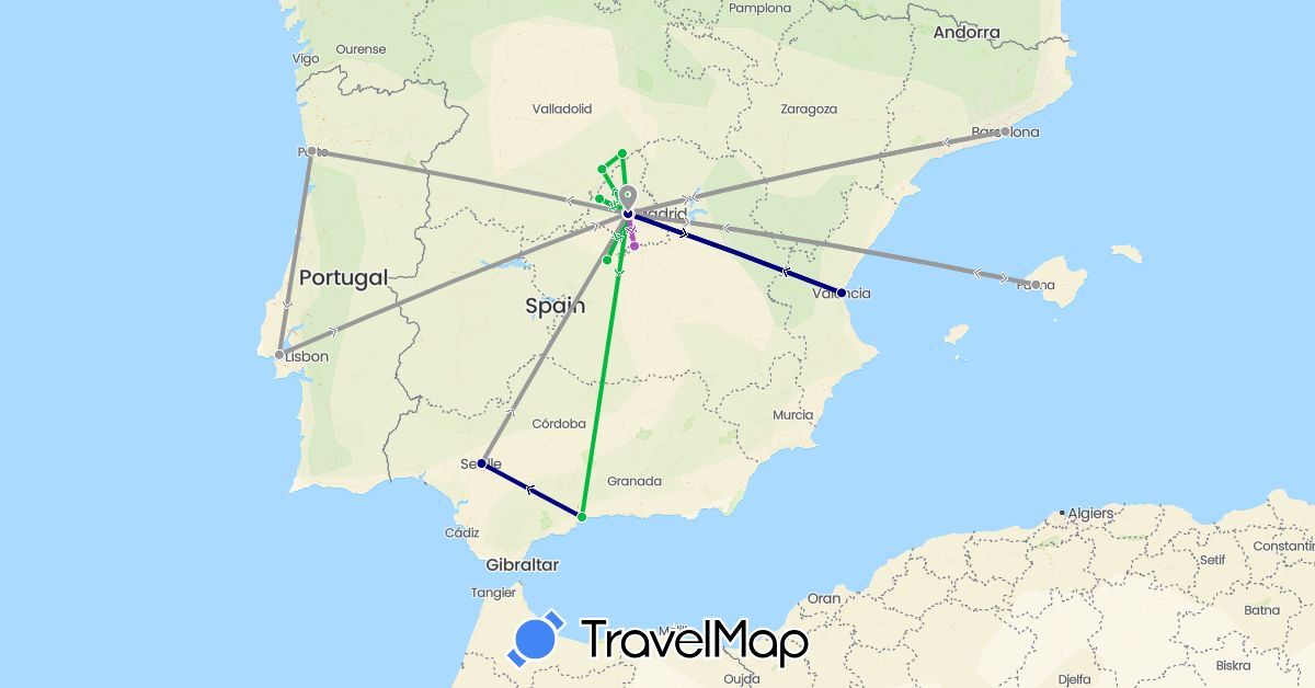 TravelMap itinerary: driving, bus, plane, train, hiking in Spain, Portugal (Europe)